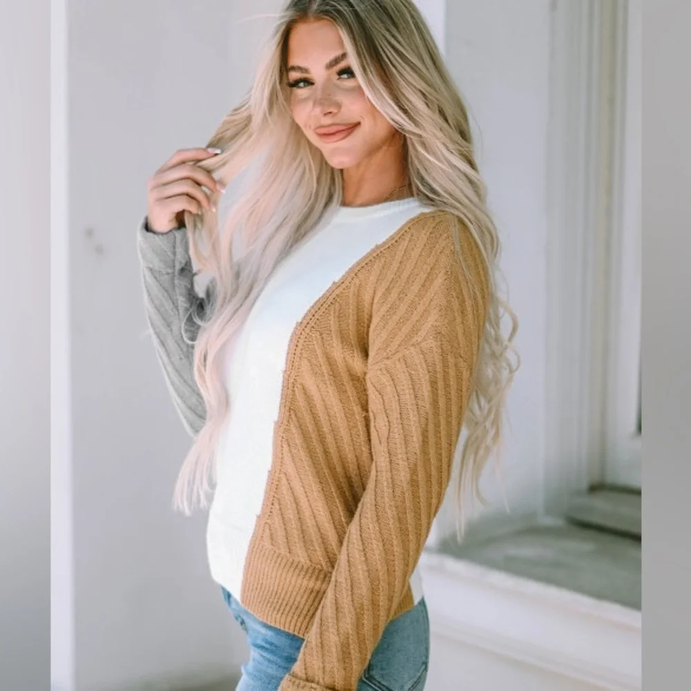 Cozy Sweater, Color Block, Cable Knit Texture, White/Tan/Gray, M L XL 2X - Picture 14 of 16